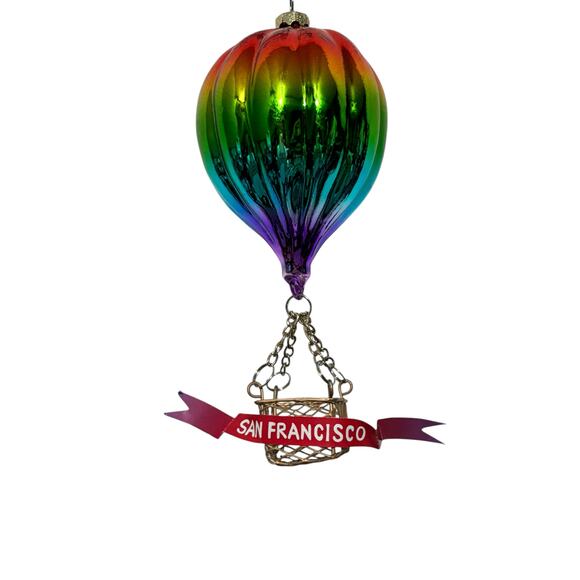 Holiday Ornament Hot Air Balloon NWT Multicolor Glass Gondola Travel Space - Picture 2 of 2